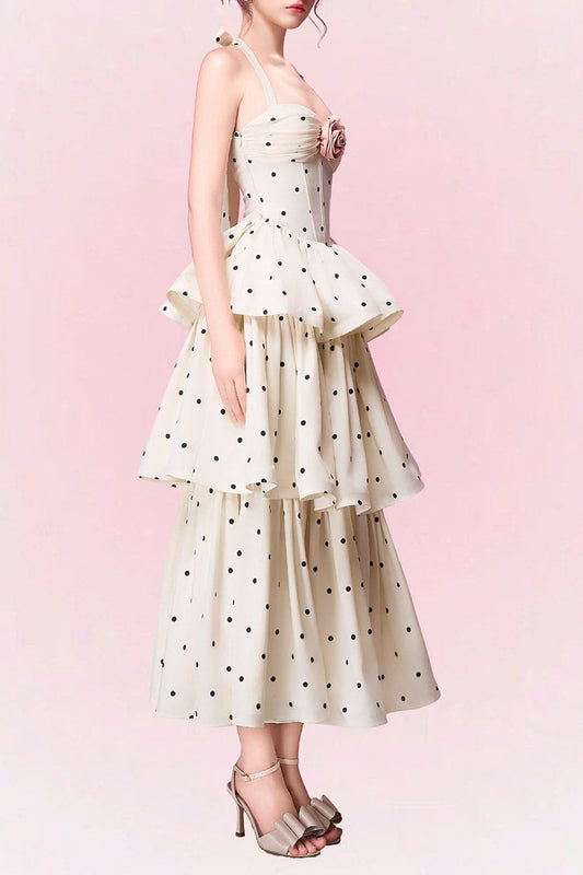 roberta Polka dots Applique Halter layer Midi Dress - apricot