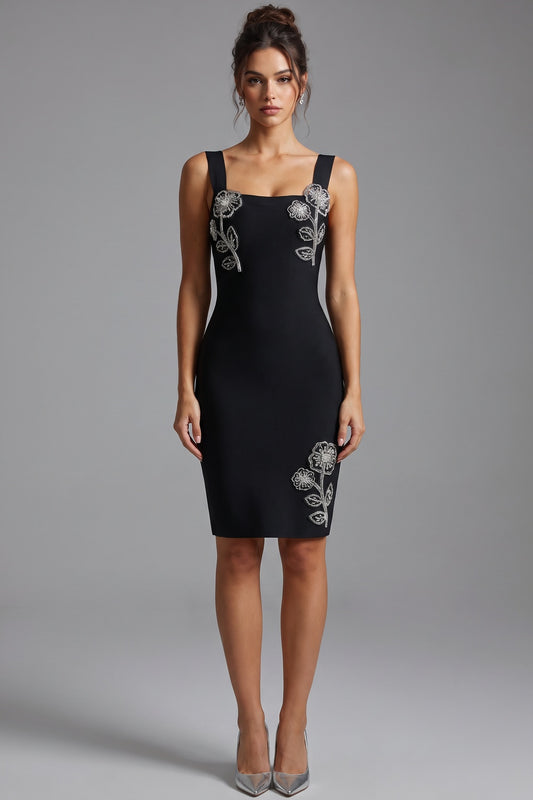 Black Heavy Stretch Knit Sheath Dress with Silver Floral Embellishments black heavy stretch knit dress - product view 1