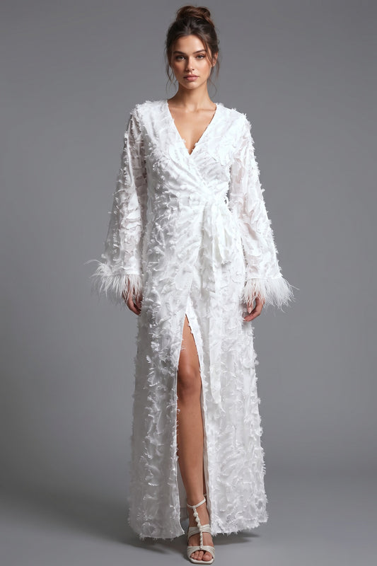 White Textured Eyelash Fabric A-Line Wrap Maxi Dress with Feather Trim white textured eyelash/shredded-ribbon fabric wrap maxi dress - product view 1
