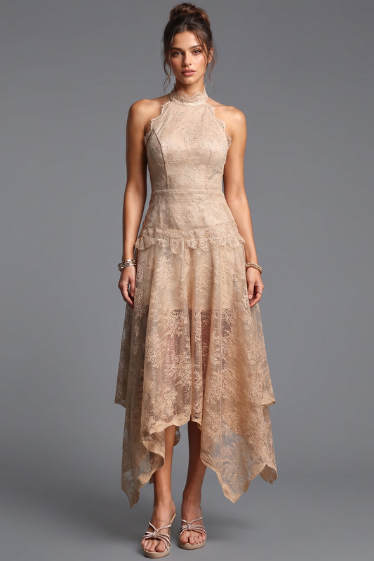 Beige Corded Floral Lace A-Line Midi Dress with Asymmetrical Hem beige, champagne corded floral lace dress - product view 1