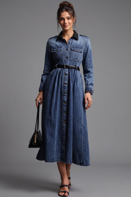 Medium Blue Denim A-Line Shirt Dress with Contrast Collar medium blue denim shirt dress - product view 1