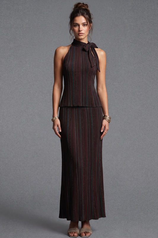 Dark Brown Plissé Pleated Knit Two-Piece Set dark brown plissé pleated knit two-piece set - product view 1
