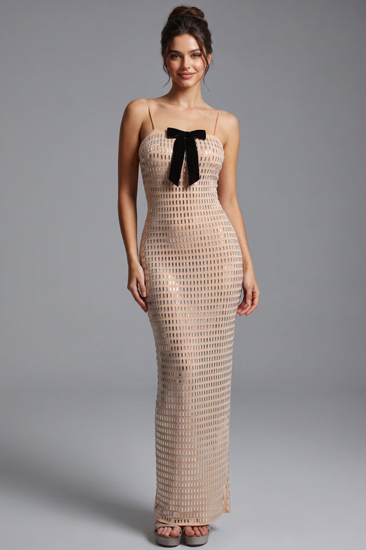 Nude Mesh Column Dress with Silver Grid & Black Bow nude mesh dress - product view 1