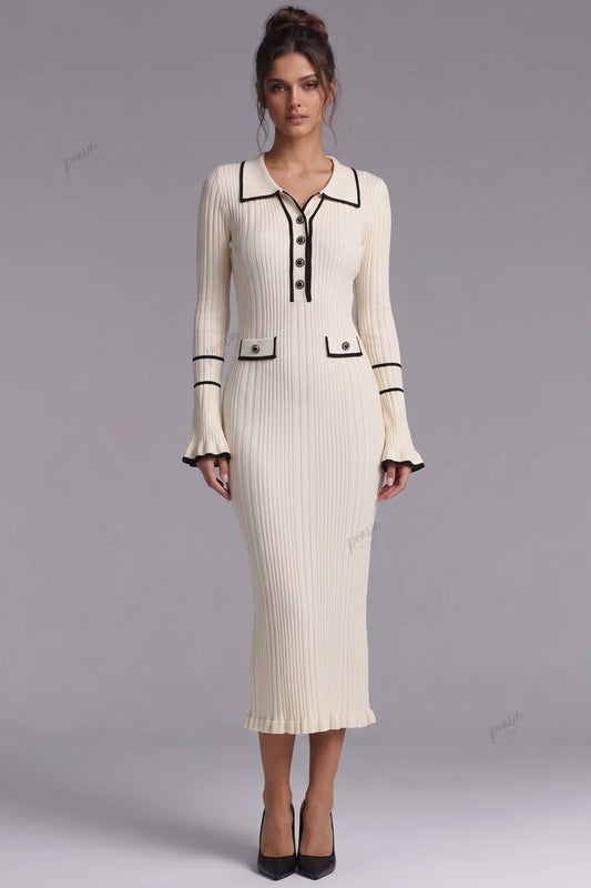 Cream Ribbed Knit Column Dress with Black Contrast Trim cream ribbed knit dress - product view 1