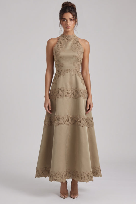 Taupe Structured Satin A-Line Midi Dress with Lace Band Detail taupe structured satin or taffeta dress - product view 1