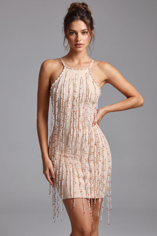 Beige Stretch Crepe Bodycon Mini Dress with Beaded Fringe beige stretch crepe dress - product view 1