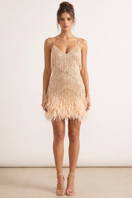 Champagne Gold Metallic Thread Fringe A-Line Dress champagne gold metallic thread fringe dress - product view 1