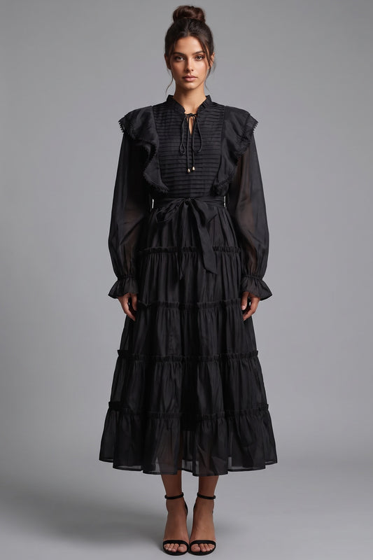 Black Tiered A-Line Midi Dress with Bishop Sleeves black lightweight semi-sheer woven fabric dress - product view 1