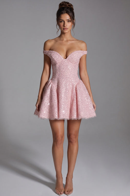 Light Pink Glitter-Embellished Tulle Fit-and-Flare Mini Dress light pink glitter-embellished tulle mini dress - product view 1