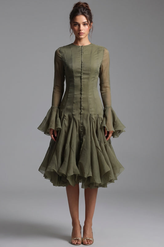 Olive Green Sheer Chiffon Fit-and-Flare Midi Dress olive green sheer chiffon dress - product view 1