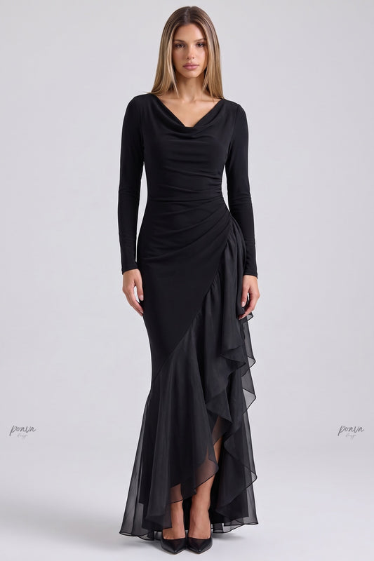 Black Crepe Mermaid Gown with Sheer Ruffle Skirt black crepe gown - product view 1