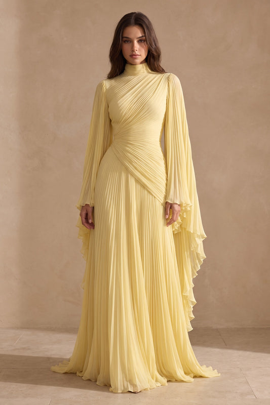 Pastel Yellow Chiffon A-Line Gown pastel yellow chiffon gown - product view 1