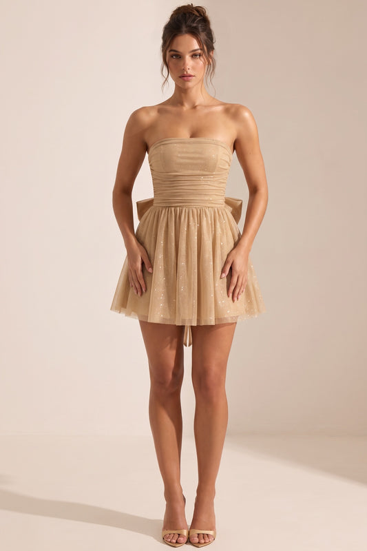 Gold Tulle Mesh Overlay Fit-and-Flare Mini Dress gold, champagne tulle mesh overlay dress - product view 1