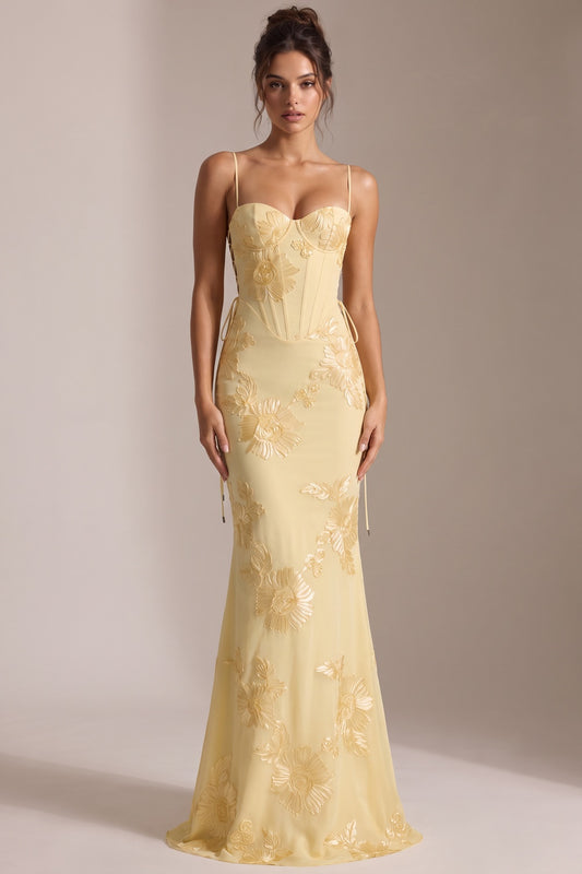 Pale Yellow Embroidered Organza Overlay Mermaid Gown pale yellow embroidered organza overlay gown - product view 1