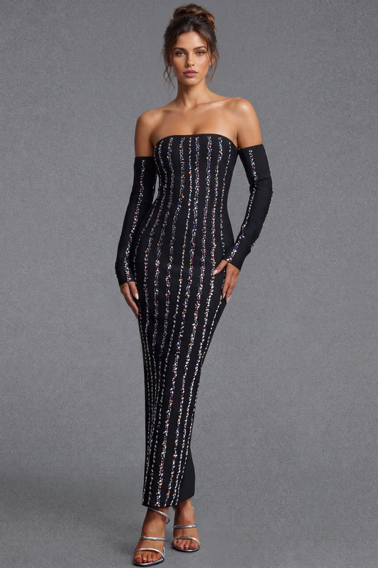 Black Strapless Maxi Dress with Detached Sleeves black heavy stretch knit strapless maxi dress with detached sleeves - product view 1