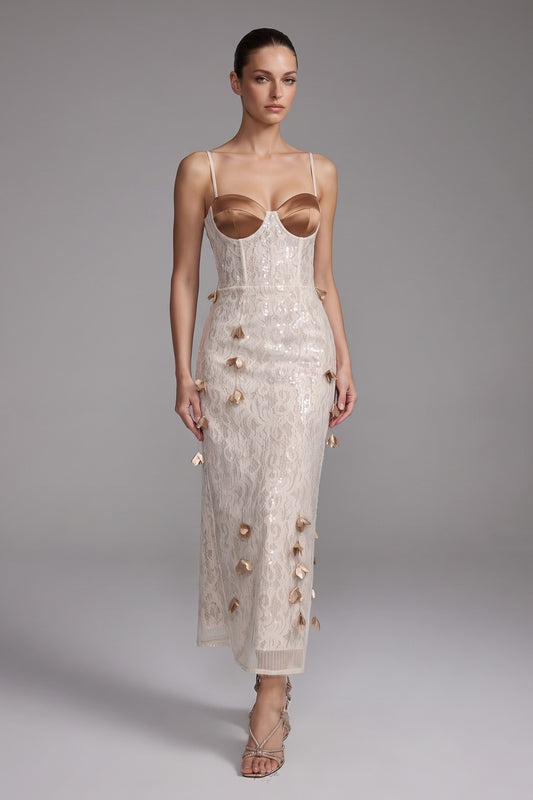 Cream Sequined Lace Column Dress cream, champagne sequined lace dress - product view 1