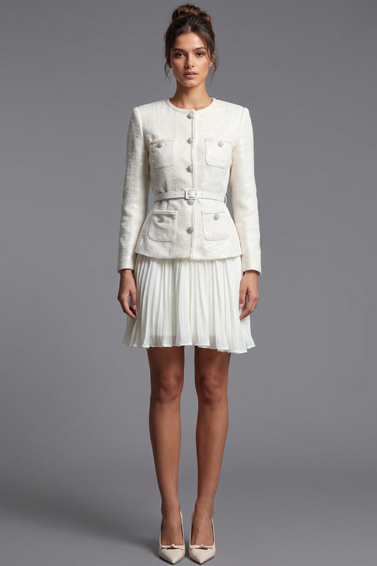 Off-White Tweed Skirt Suit Set with Peplum Jacket and Pleated Mini Skirt off-white, cream tweed skirt suit set - product view 1