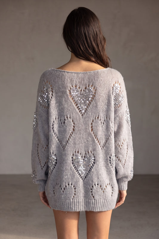Grey Oversized Slouchy Sweater with Sequin Heart Motifs grey chunky knit yarn sweater - product view 3