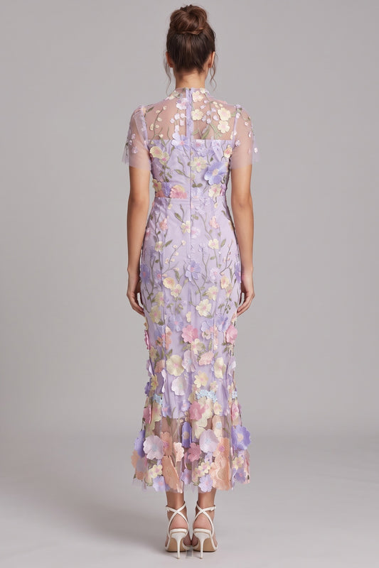 Lavender Mesh Tulle Mermaid Dress with 3D Floral Appliques lavender mesh tulle dress - product view 2