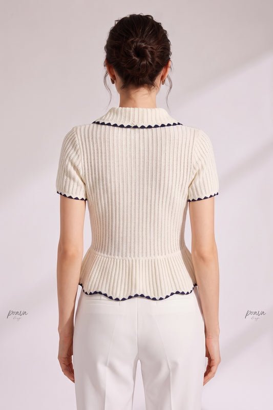 Cream Ribbed Knit Peplum Short-Sleeve Cardigan cream ribbed knit short-sleeve knit cardigan - product view 3