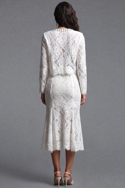 White Floral Corded Lace Two-Piece Skirt Suit White Floral corded lace Two-piece skirt suit - product view 3