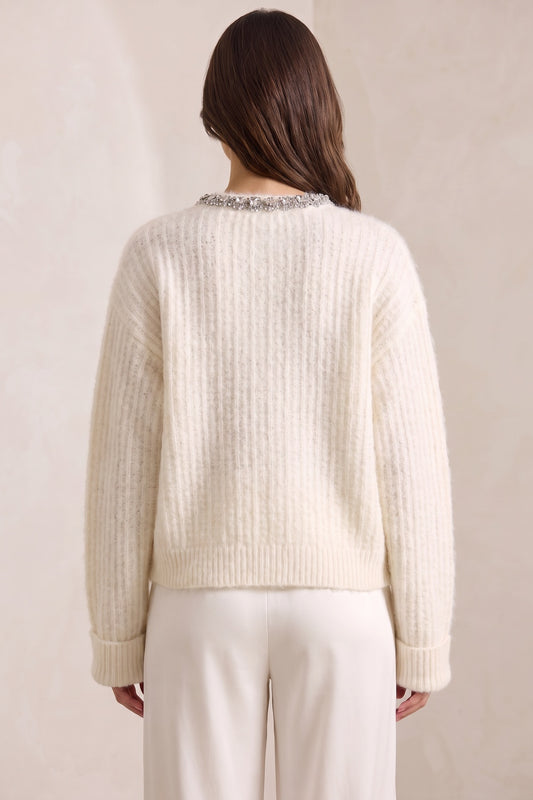 Off-White Mohair Cardigan with Rhinestone Trim off-white mohair-blend knit cardigan - product view 3