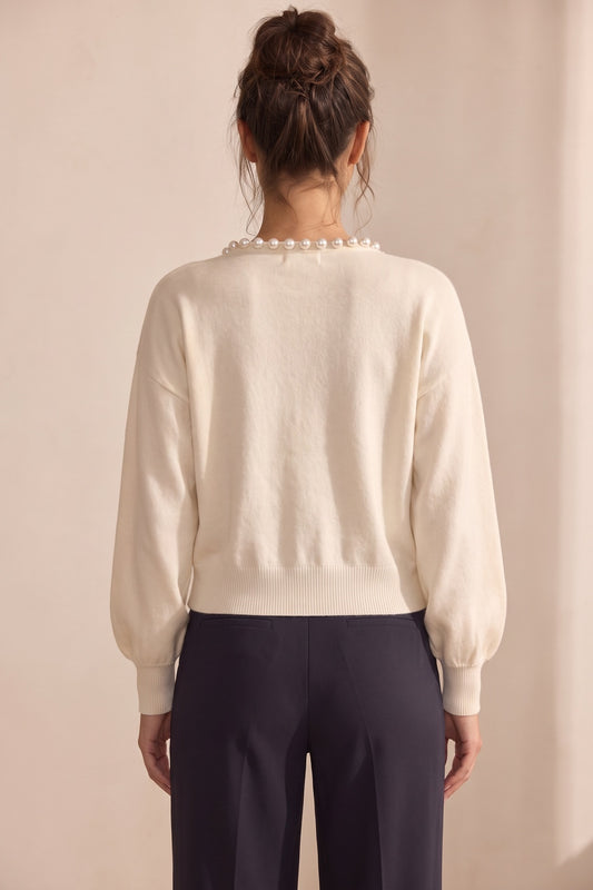 Cream Fine Knit Boxy Cropped Cardigan with Pearl Trim cream, off-white fine knit cardigan - product view 3
