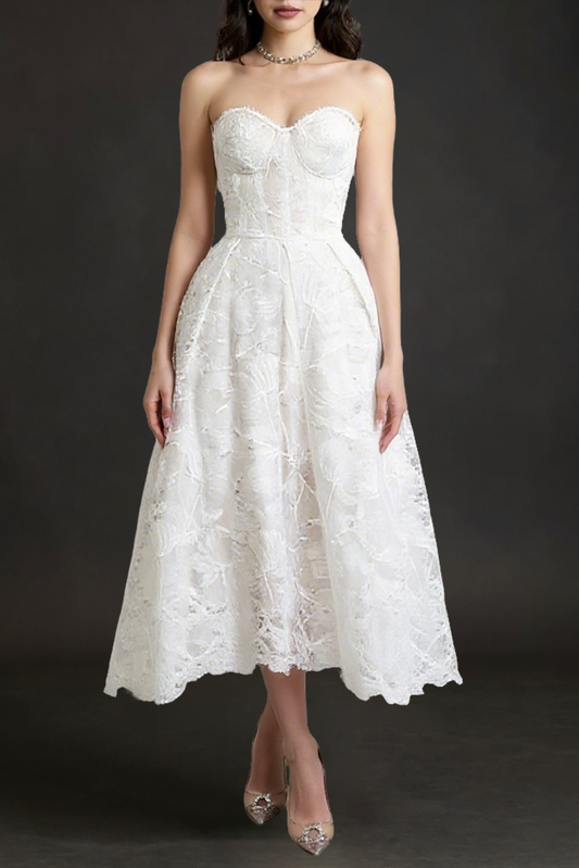 AGNENS White Sexy Strapless Embroidered Lace Midi Dress