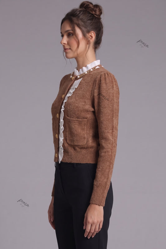 caramel brown textured wool-blend knit fitted, cropped cardigan caramel brown textured wool-blend knit cardigan - product view 5
