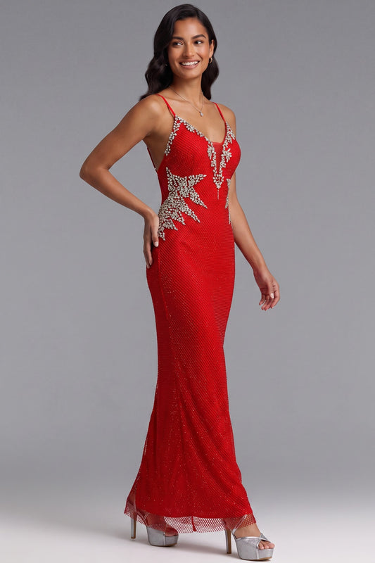 Red Beaded Mermaid Gown with Sparkle Detail Premium Fabric - product view 1