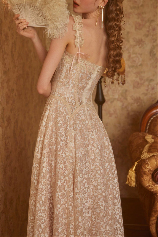 aurora lace floral embroidery midi dress in nude