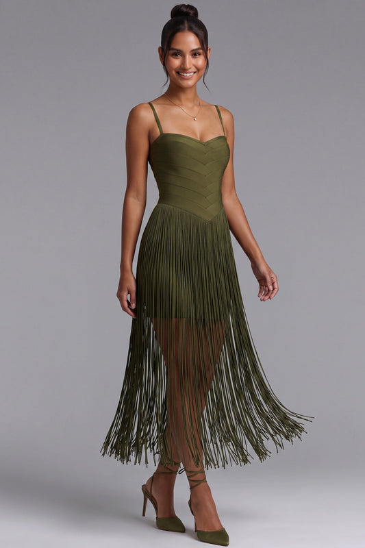 Olive Green Heavy Stretch Knit Fitted Bodice with Straight Fringe Skirt Dress olive green heavy stretch knit dress - product view 4