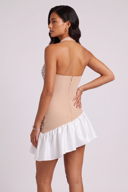 Rhinestone Mesh Halter Ruffle Satin Mini Dress