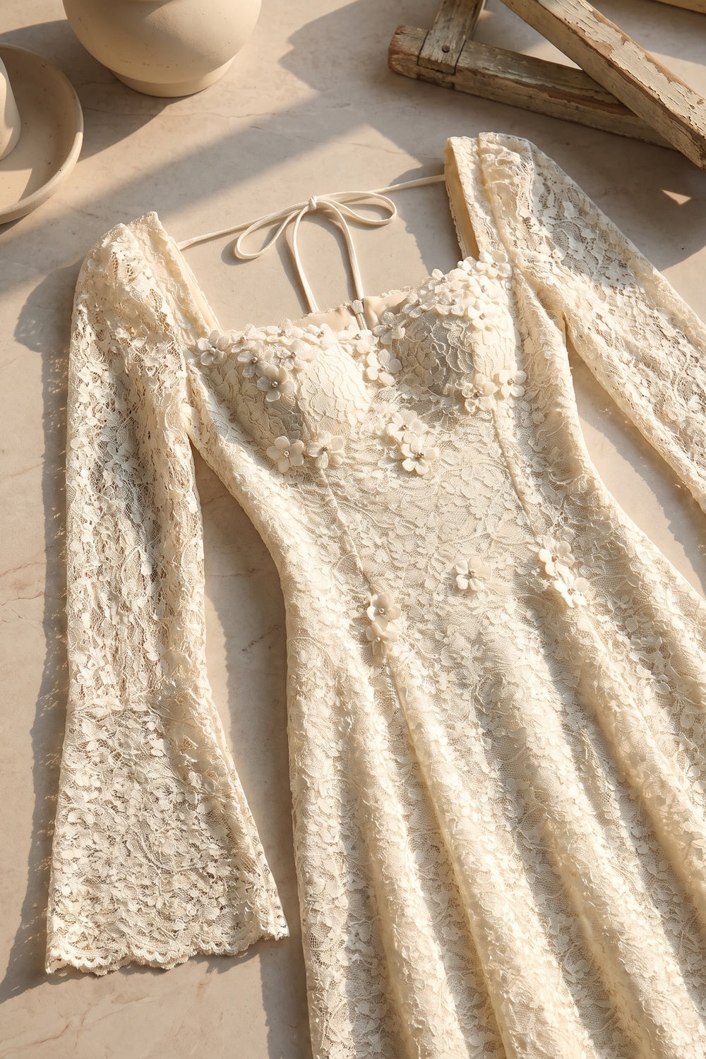 Cream Floral Lace A-Line Midi Dress cream floral lace dress - product view 6