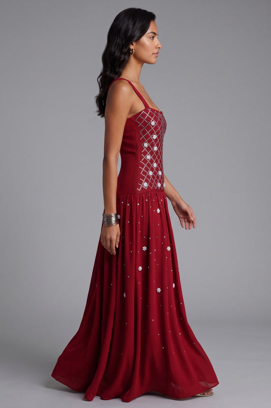 Square Strap Grid Rhinestone Pearl Flowy Maxi Dress