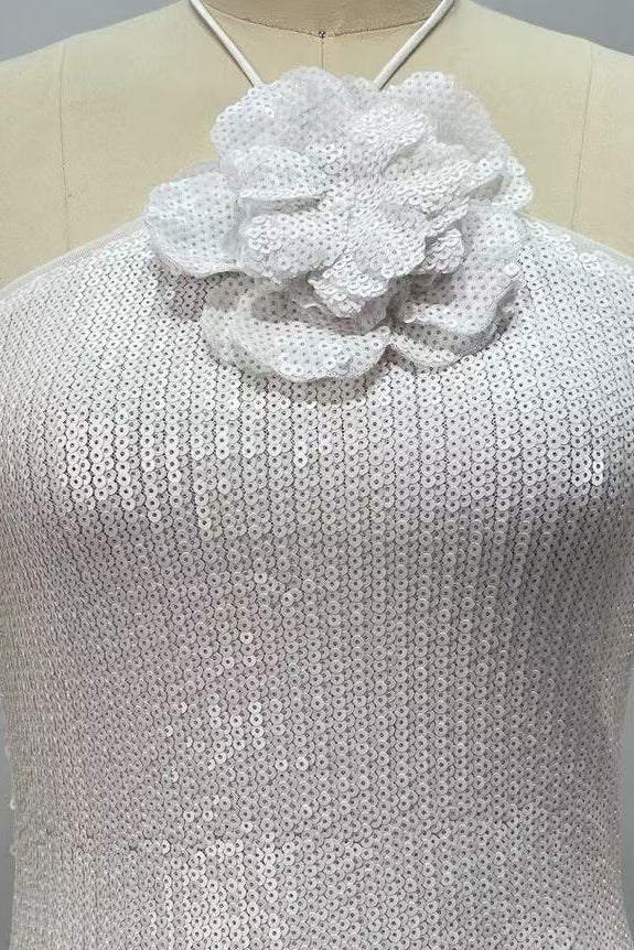 White Sequined Mesh Column Dress with Flower Embellishment