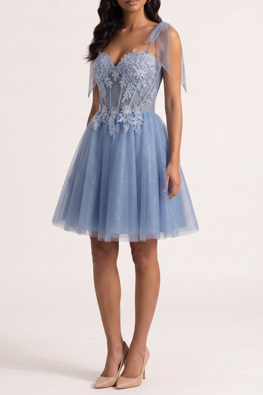 Tulle Bow Strap Lace Corset Mini Dress