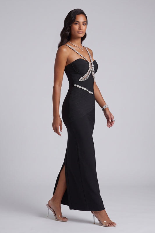 Black Heavy Stretch Knit Column Evening Gown with Crystal Embellishments black heavy stretch knit evening gown - product view 2