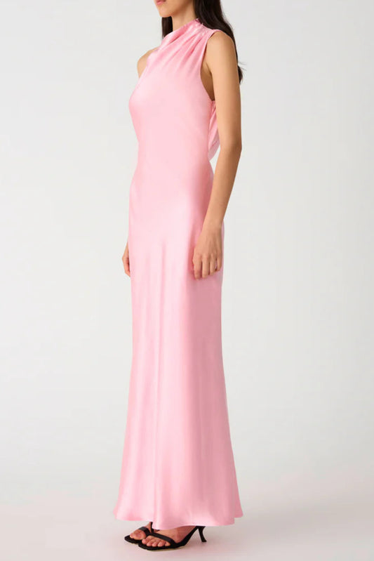 sleeveless backless satin maxi dress in pink