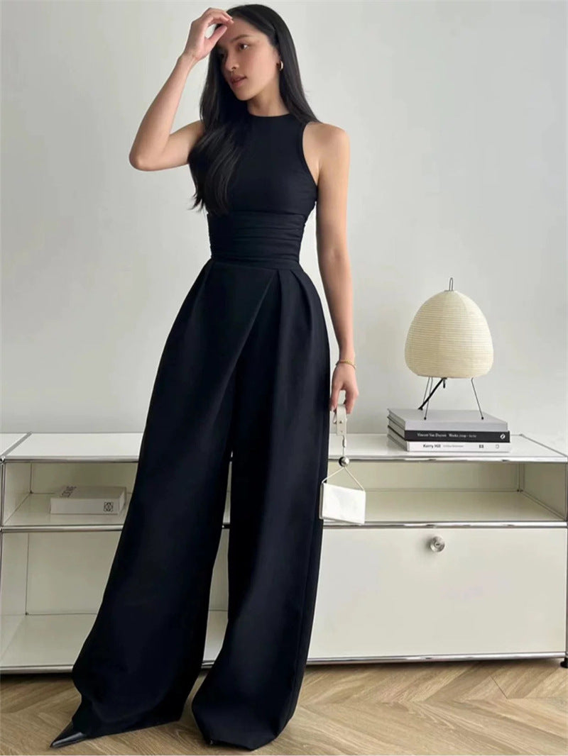 VEST HIGH WAIST WIDE LEG LONG SKIRT SUIT IN BLACK