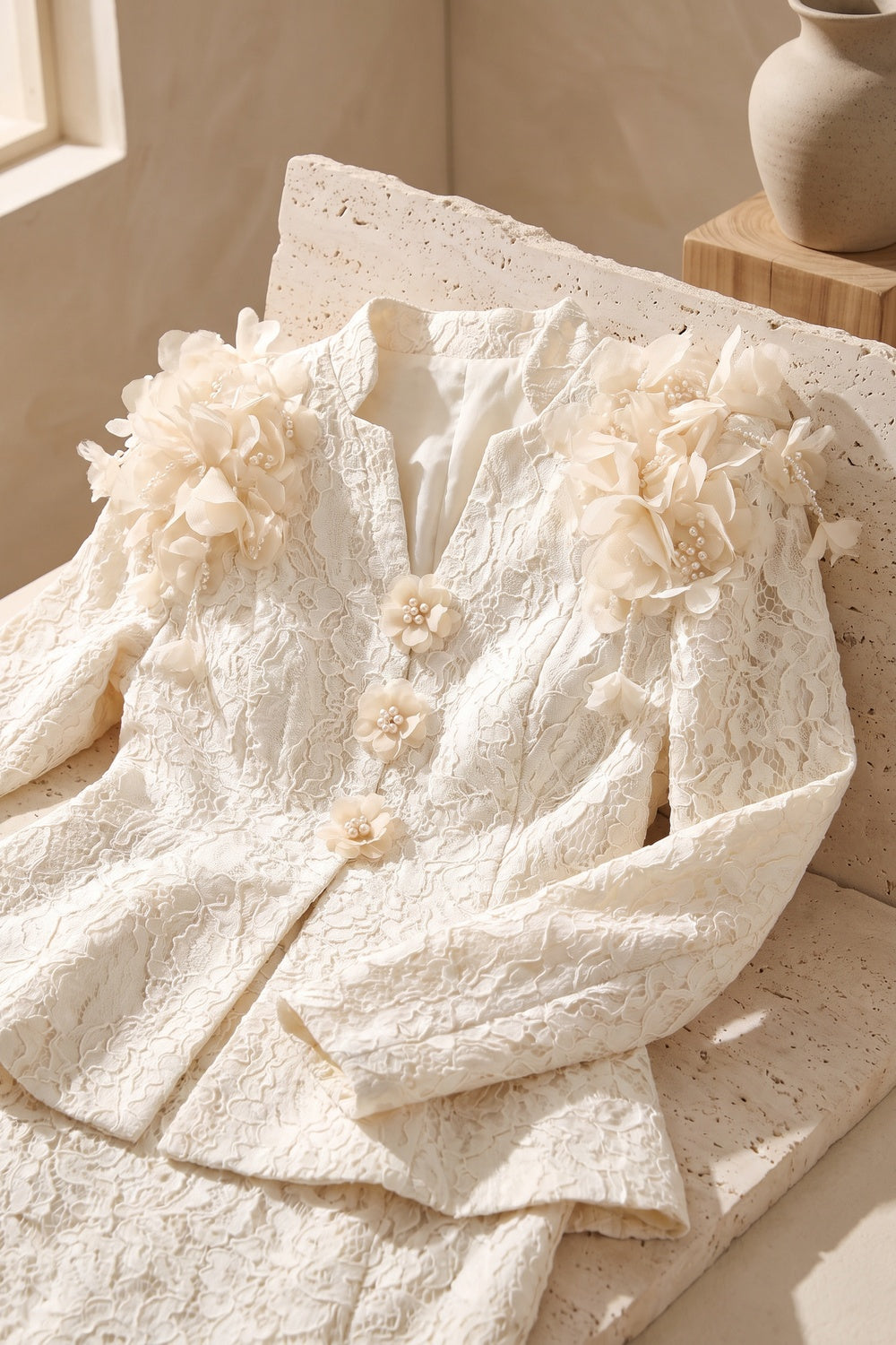 Ivory Corded Floral Lace Two-Piece Skirt Suit Ivory, Cream Corded floral lace Two-piece skirt suit - product view 7