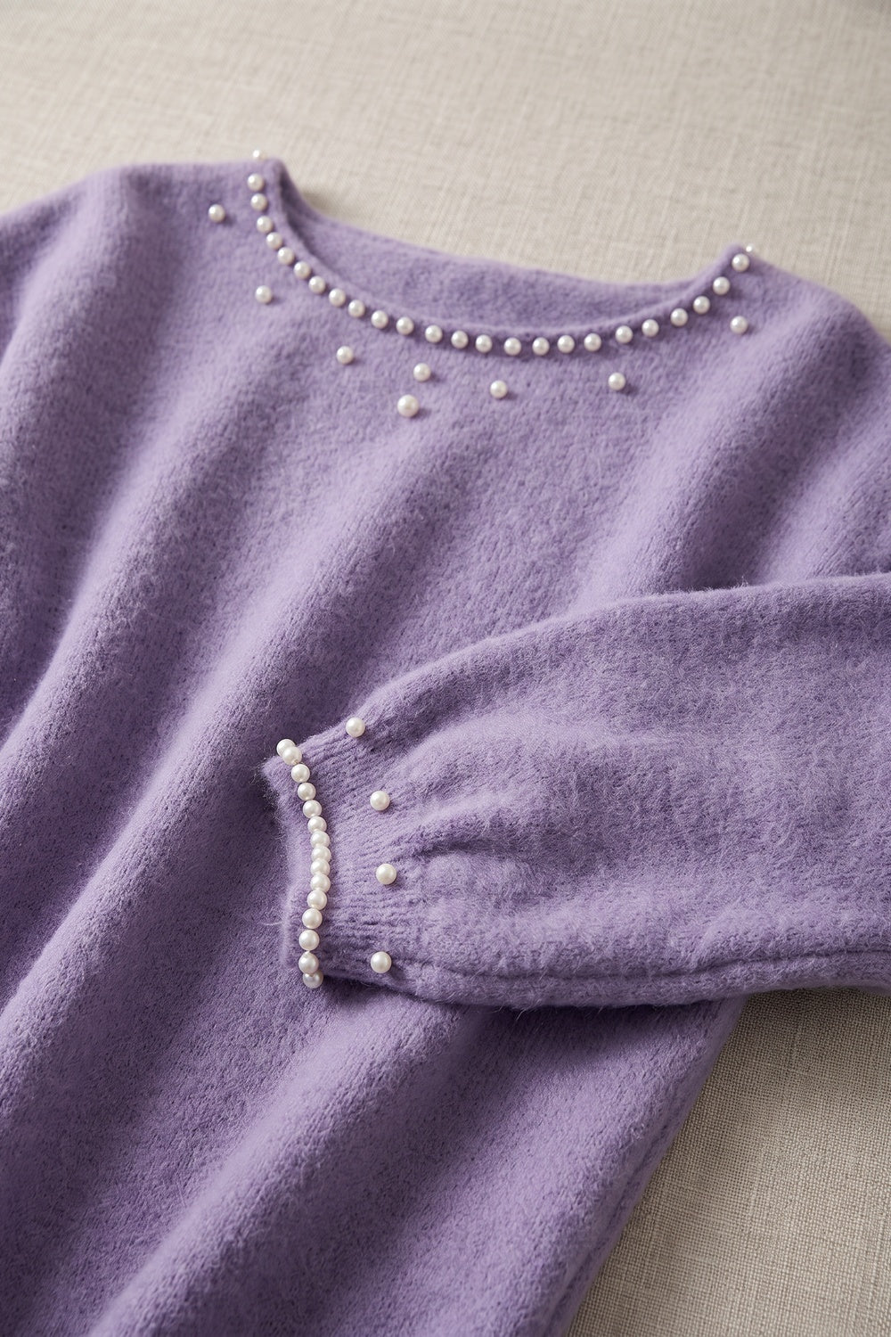 Lavender Purple Brushed Knit Pearl Embellished Sweater lavender purple brushed knit sweater - product view 7
