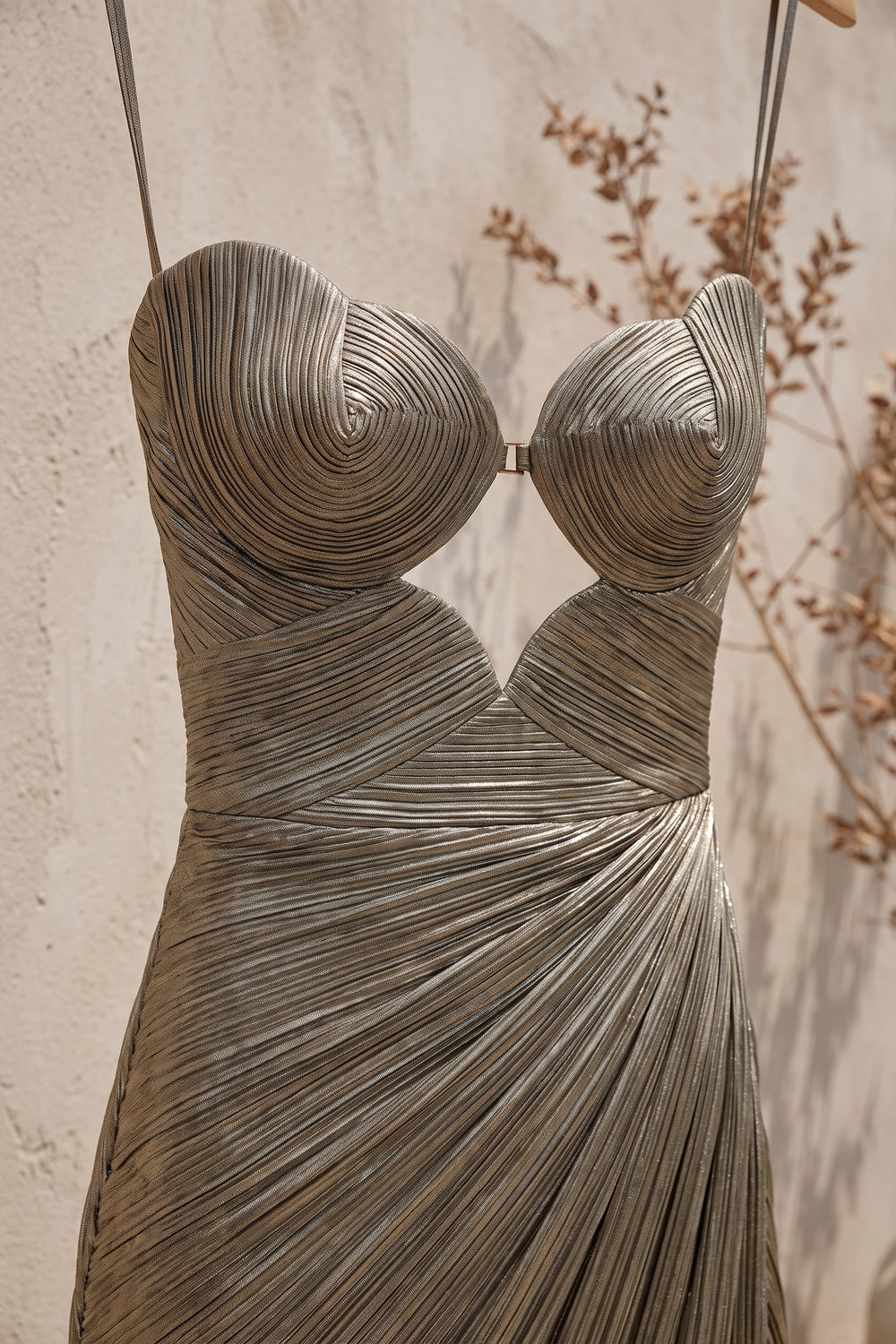 Antique Gold Metallic Plissé Lamé Column Gown antique gold, bronze metallic plissé lamé gown - product view 7