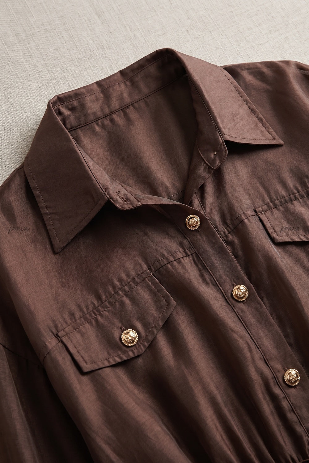 Chocolate Brown Semi-Sheer Organza-Like A-Line Maxi Shirt Dress chocolate brown semi-sheer organza-like fabric maxi shirt dress - product view 6