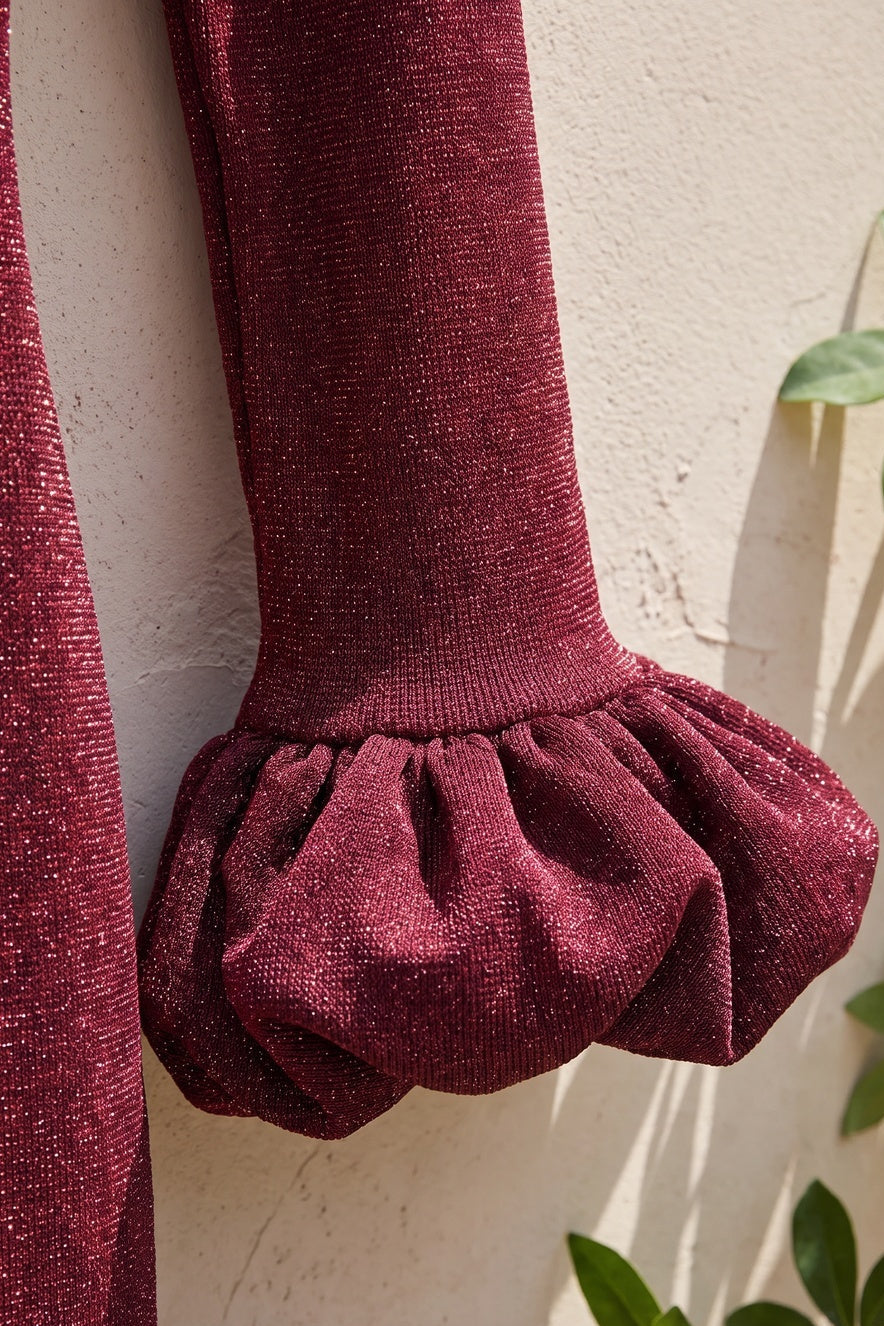 Burgundy Lurex Knit Fitted Bodycon Dress with Voluminous Bubble Hem burgundy lurex knit dress - product view 7