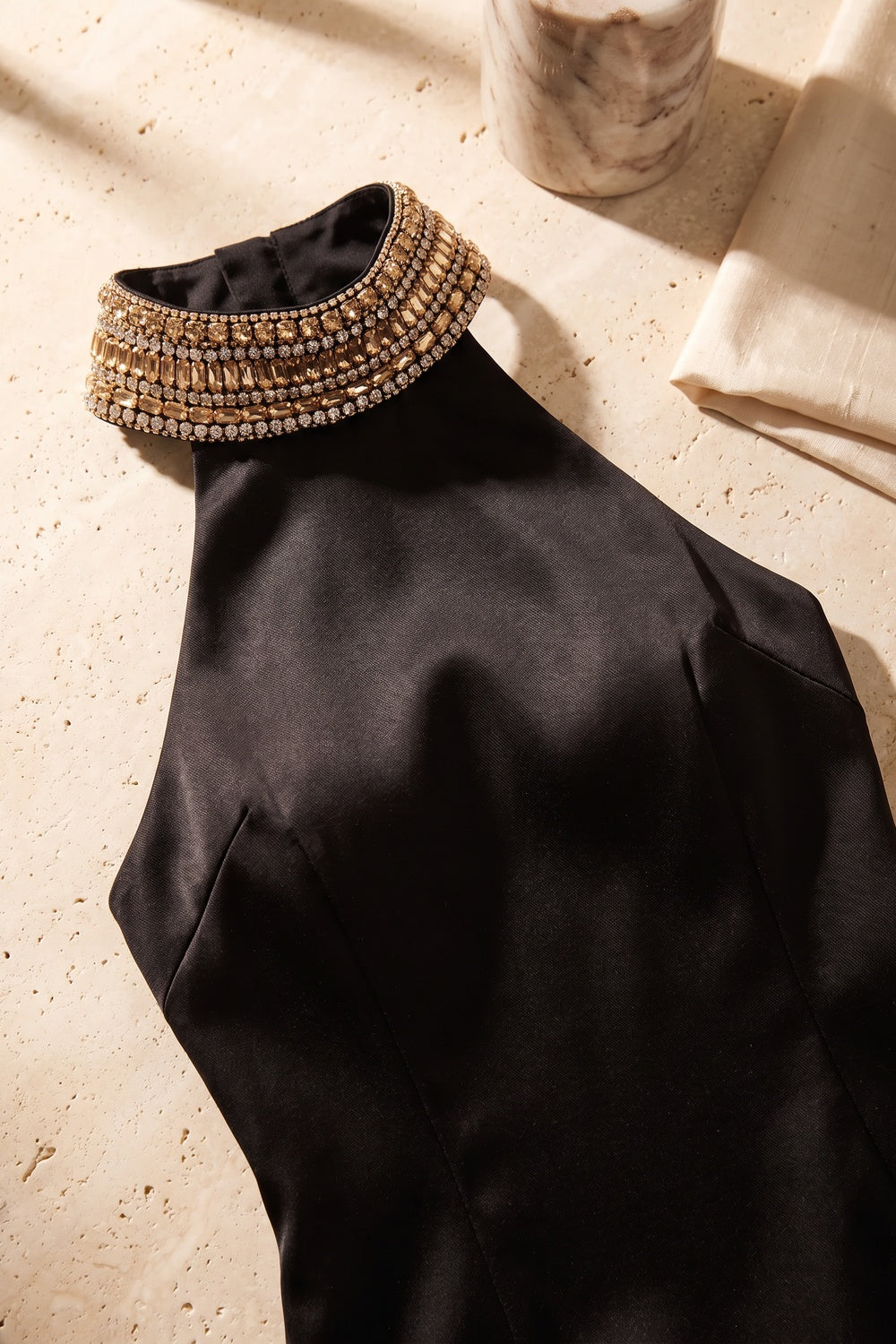 Black Satin Bodycon Dress with Crystal Embellishments black satin dress - product view 7
