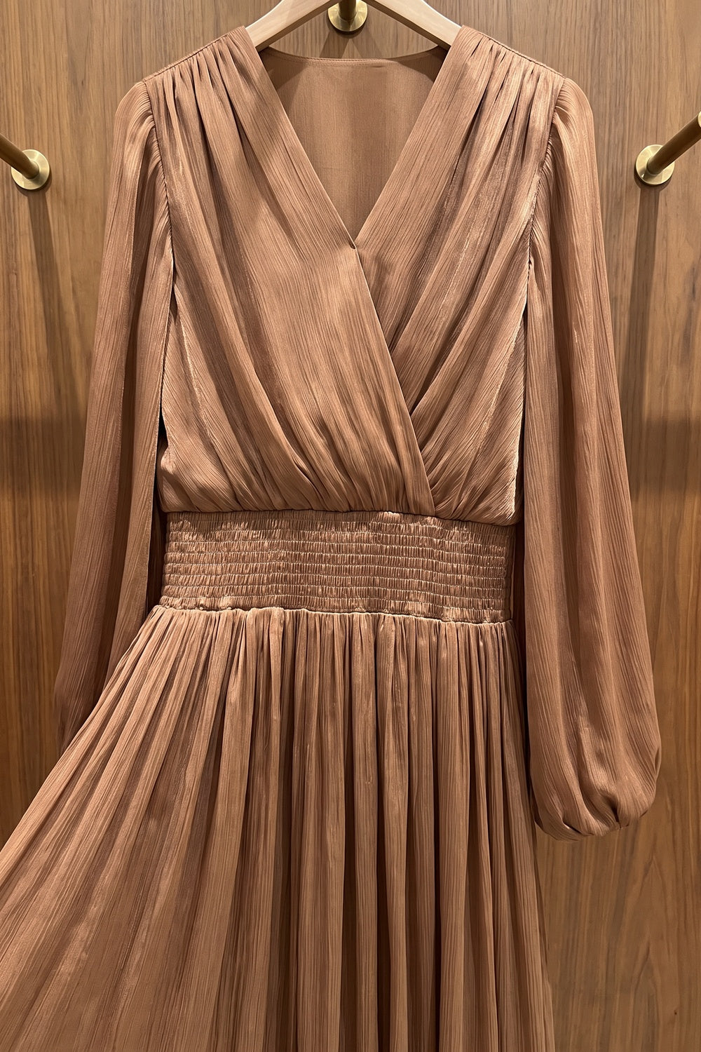 Bronze Brown Pleated Satin-Georgette Blend Maxi Dress bronze brown pleated satin-georgette blend maxi dress - product view 7