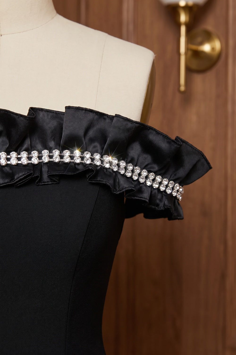 Black Structured Crepe Column Gown with Rhinestone Ruffle black structured crepe gown - product view 7