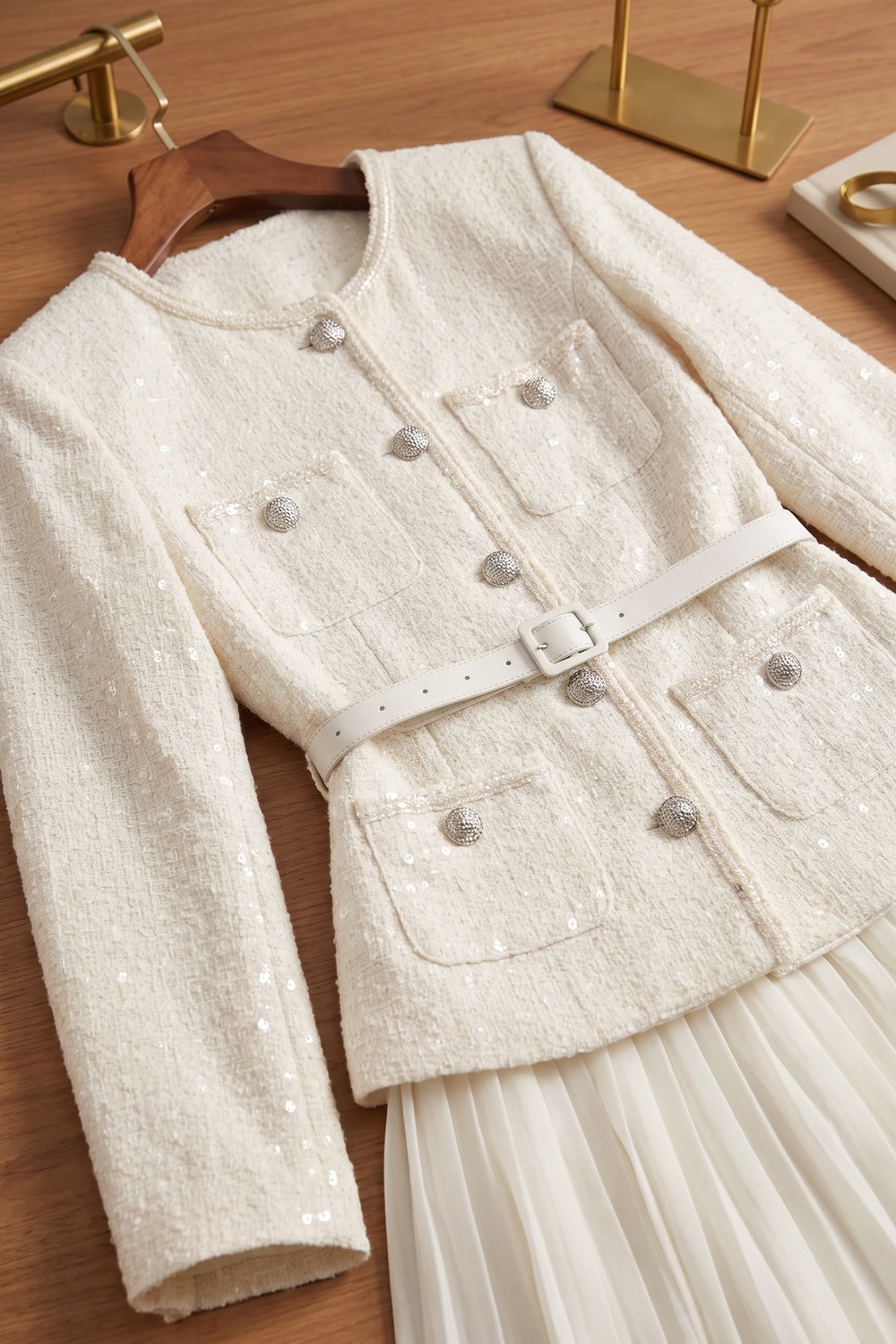 Off-White Tweed Skirt Suit Set with Peplum Jacket and Pleated Mini Skirt off-white, cream tweed skirt suit set - product view 7