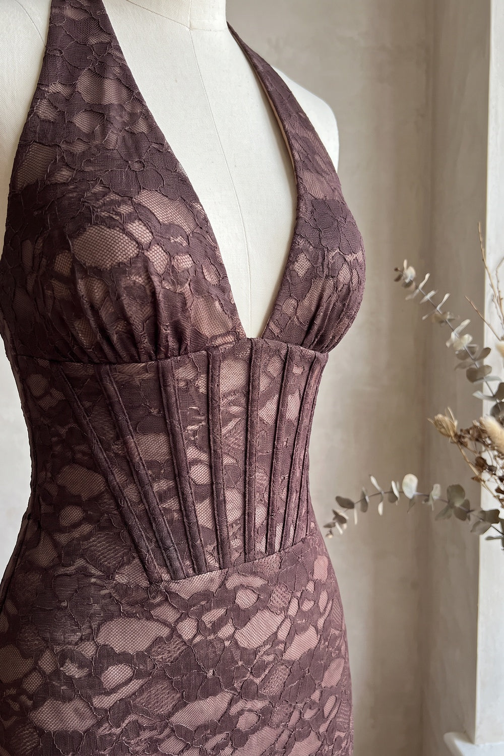 Dark Brown Floral Lace Mermaid Maxi Dress with Corset Bodice dark brown floral lace dress - product view 7